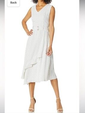 Calvin Kline Sleeveless White Pinstripe Belted Midi Dress